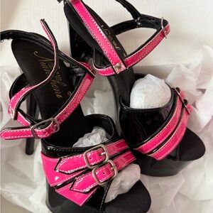 Women's Pink and Black Strappy High Heel Sandals -